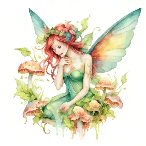 Realistic fairy with intricate wings blending into a lush forest scene with mushrooms and waterfall background  tattoo design idea