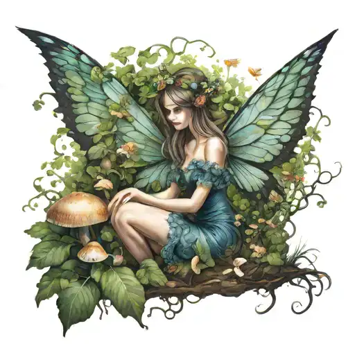 Realistic fairy with intricate wings blending into a lush forest scene with mushrooms tattoo design idea