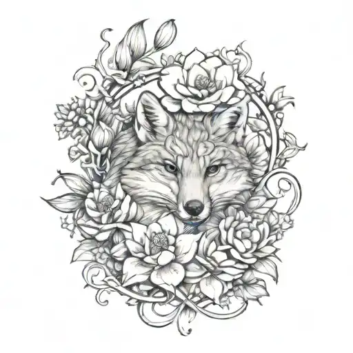Vines lotus flower camellia flower surrounding fox tattoo design idea