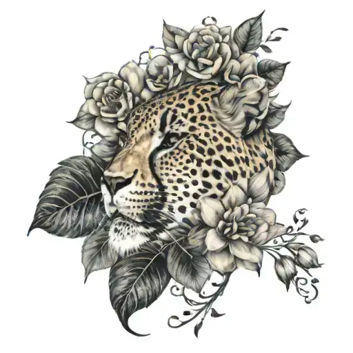 cheetah thigh tattoo with vines and camellia flowers and lotus flowers tattoo design idea