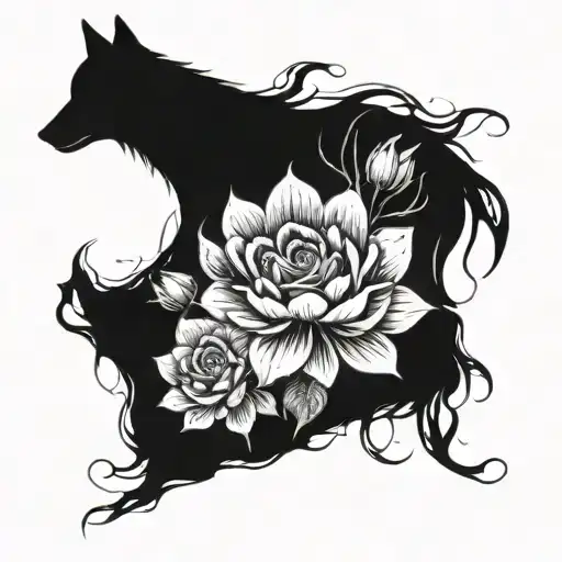 Vines lotus flower camellia flower surrounding wolf  tattoo design idea