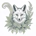 fox with nine tails sitting with fern leaves surrounding it  tattoo design idea