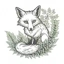 fox with nine tails sitting with fern leaves surrounding it  tattoo design idea