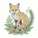 fox with nine tails sitting with fern leaves surrounding it  tattoo design idea