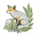 fox with nine tails sitting with fern leaves surrounding it  tattoo design idea