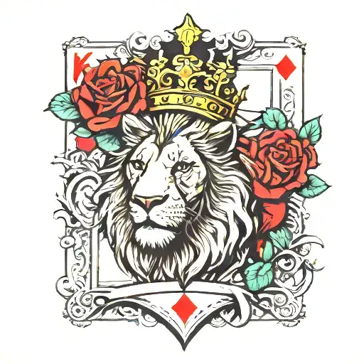 Crowned Lion Card King Of Hearts With Roses And Clocks. We Need To See "k" Letter Because It's A card tattoo design idea