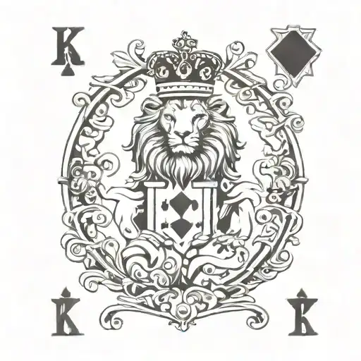 KING PLAYING CARD WITH K LETTER TOP LEFT AND BOTTOM RIGHT. THE CARD HAS TO BE A LION WITH SPADES CLUBS DIAMONDS HEARTS tattoo design idea