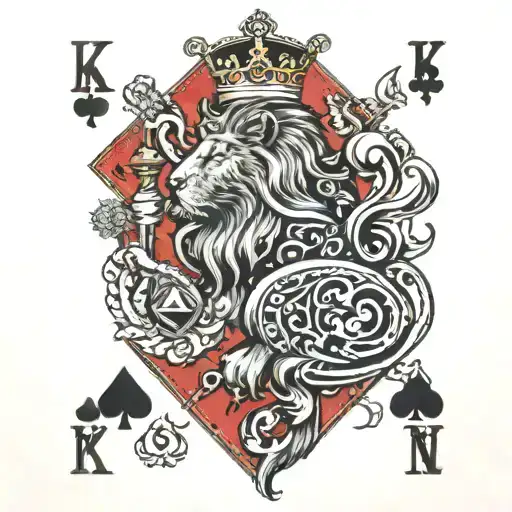 KING PLAYING CARD WITH K LETTER TOP LEFT AND BOTTOM RIGHT. THE CARD HAS TO BE A LION WITH SPADES CLUBS DIAMONDS HEARTS tattoo design idea