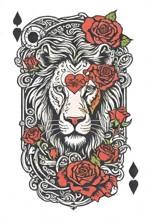 Lion Ouroboros Roses And Clocks Playing Card King Of Hearts (caqrd size) tattoo design idea