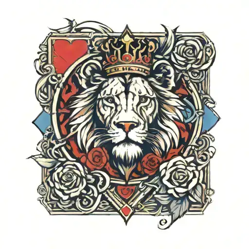 Lion  Roses And Clocks Playing Card King Of Hearts. We need to se "K" letter  and the lion has to wear crown tattoo design idea