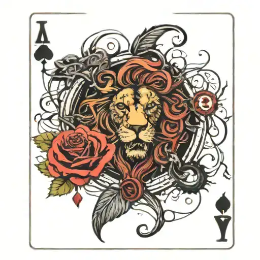 lion ouroboros  roses and clocks playing card king of hearts  tattoo design idea