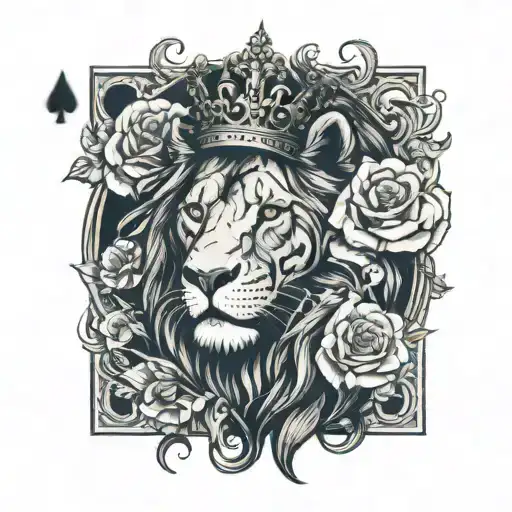 Lion  Roses And Clocks Playing Card King Of Hearts. The tattoo has to look like a card and the lion has to wear crown tattoo design idea