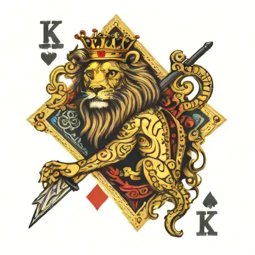 KING PLAYING CARD WITH K LETTER TOP LEFT AND BOTTOM RIGHT. THE CARD HAS TO BE A LION WITH SPADES CLUBS DIAMONDS HEARTS tattoo design idea