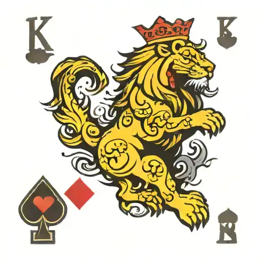 KING PLAYING CARD WITH K LETTER TOP LEFT AND BOTTOM RIGHT. THE CARD HAS TO BE A LION WITH SPADES CLUBS DIAMONDS HEARTS tattoo design idea