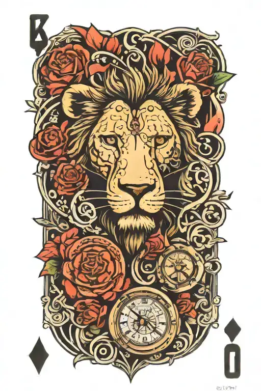 Lion Ouroboros Roses And Clocks Playing Card King Of Hearts  tattoo design idea