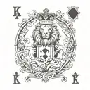 KING PLAYING CARD WITH K LETTER TOP LEFT AND BOTTOM RIGHT. THE CARD HAS TO BE A LION WITH SPADES CLUBS DIAMONDS HEARTS tattoo design idea