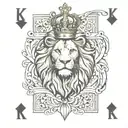 KING PLAYING CARD WITH K LETTER TOP LEFT AND BOTTOM RIGHT. THE CARD HAS TO BE A LION WITH SPADES CLUBS DIAMONDS HEARTS tattoo design idea