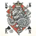 KING PLAYING CARD WITH K LETTER TOP LEFT AND BOTTOM RIGHT. THE CARD HAS TO BE A LION WITH SPADES CLUBS DIAMONDS HEARTS tattoo design idea