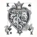 KING PLAYING CARD WITH K LETTER TOP LEFT AND BOTTOM RIGHT. THE CARD HAS TO BE A LION WITH SPADES CLUBS DIAMONDS HEARTS tattoo design idea