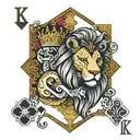 KING PLAYING CARD WITH K LETTER TOP LEFT AND BOTTOM RIGHT. THE CARD HAS TO BE A LION WITH SPADES CLUBS DIAMONDS HEARTS tattoo design idea