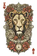 Lion Ouroboros Roses And Clocks Playing Card King Of Hearts  tattoo design idea