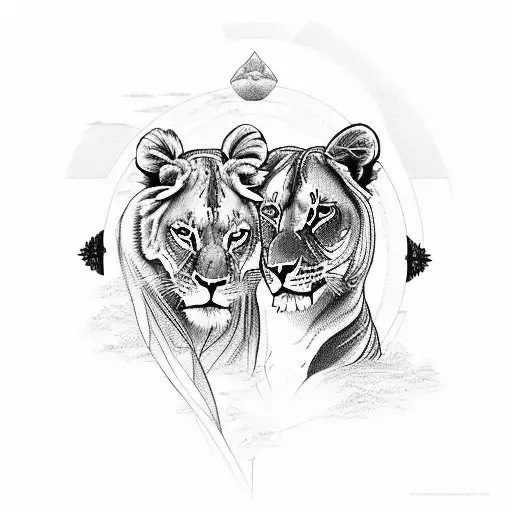 An intricate composition featuring a female traveler playing the violin, with a majestic lioness by her side and a sleek Audi car parked in the background, all in dotwork style. tattoo design idea