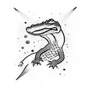 Alligator swimming in a sea of Aquarius stars with military planes flying overhead tattoo design idea