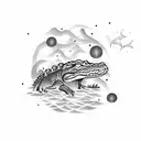 Alligator swimming in a sea of Aquarius stars with military planes flying overhead tattoo design idea