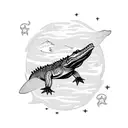 Alligator swimming in a sea of Aquarius stars with military planes flying overhead tattoo design idea