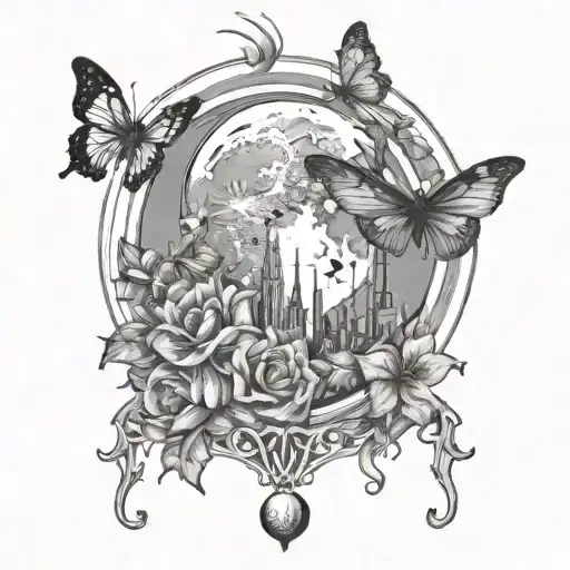 A moon and butterfly fusion with structural elements of civil engineering tattoo design idea