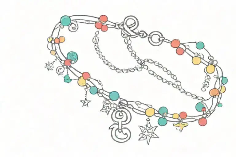 An anklet tattoo with colorful beads and charms representing the zodiac signs Taurus, Capricorn, and Cancer. The symbols tattoo design idea