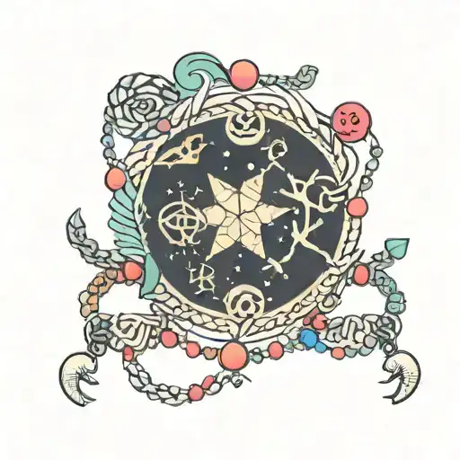An anklet tattoo with colorful beads and charms representing the zodiac signs Taurus, Capricorn, and Cancer. The symbols tattoo design idea