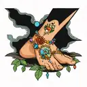 An anklet tattoo with colorful beads and charms representing the zodiac signs Taurus, Capricorn, and Cancer. The symbols tattoo design idea