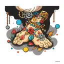 An anklet tattoo with colorful beads and charms representing the zodiac signs Taurus, Capricorn, and Cancer. The symbols tattoo design idea