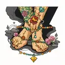 An anklet tattoo with colorful beads and charms representing the zodiac signs Taurus, Capricorn, and Cancer. The symbols tattoo design idea
