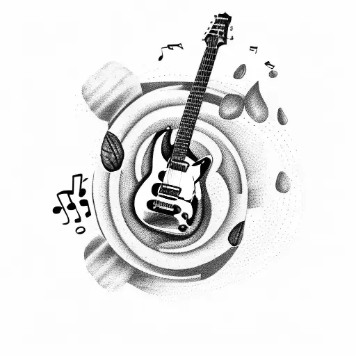 A guitar with rock-inspired elements, surrounded by coffee beans and music notes tattoo design idea
