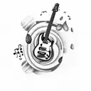 A guitar with rock-inspired elements, surrounded by coffee beans and music notes tattoo design idea