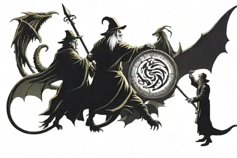 dragon and wizard fighting scene inspired tattoo design tattoo design idea
