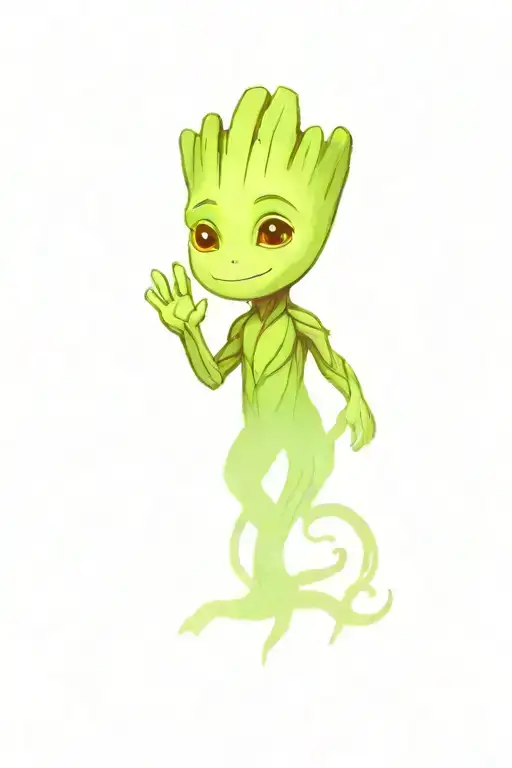 baby groot with aurora borealis in the background vivid colors tattoo design idea