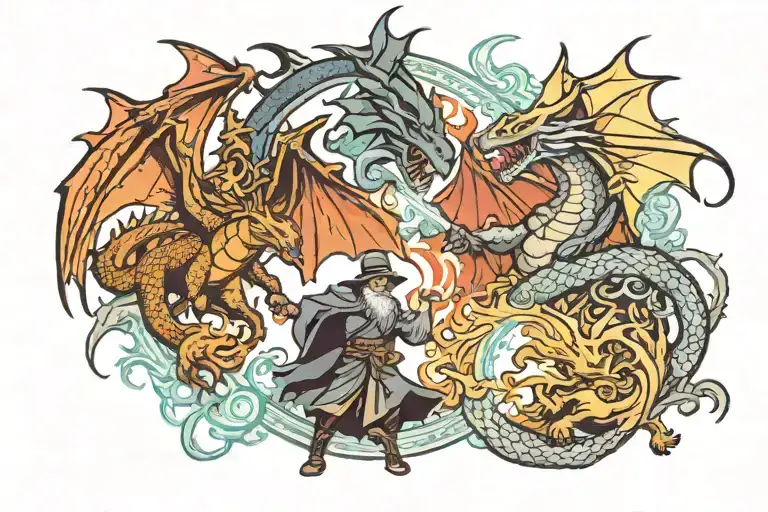 dragon and wizard fighting scene inspired tattoo design tattoo design idea