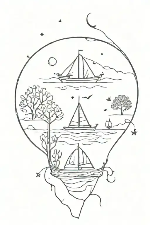 many symbols exploding from one box: boat, tree, prawn, cat paw tattoo design idea