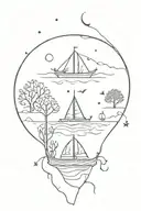 many symbols exploding from one box: boat, tree, prawn, cat paw tattoo design idea