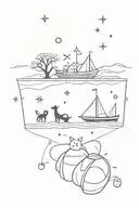 many symbols exploding from one box: boat, tree, prawn, cat paw tattoo design idea