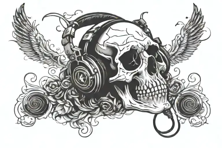 skull with headphones listening music  tattoo design idea