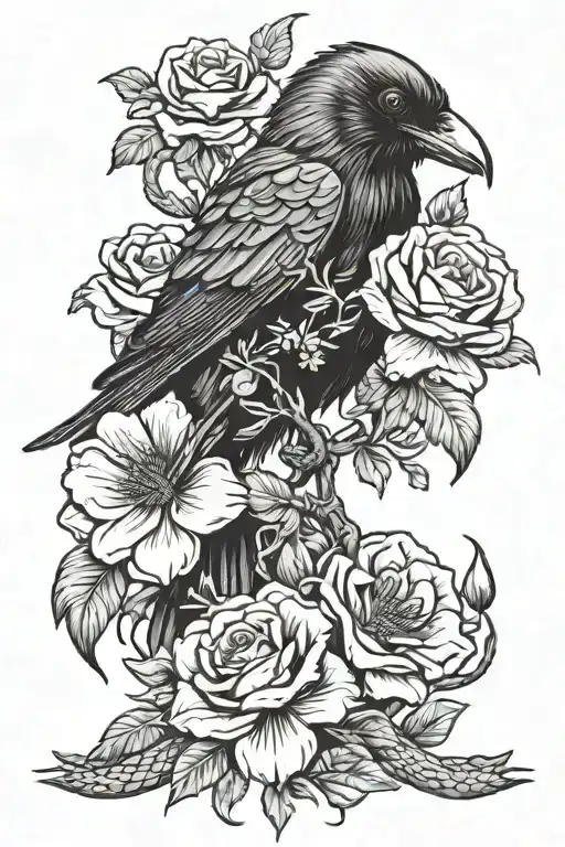 tattoo of a raven being strangled by a snake. black and white, delicate, feminine with flowers, large on the thigh tattoo design idea
