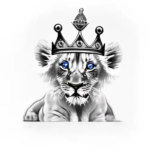 black and grey baby lion cub sitting , wearing a boy's crown blue eyes tattoo design idea