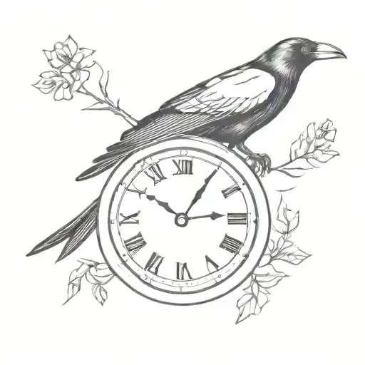 A minimalist tattoo of a crow perched on a clock, symbolizing the importance of time in your life tattoo design idea