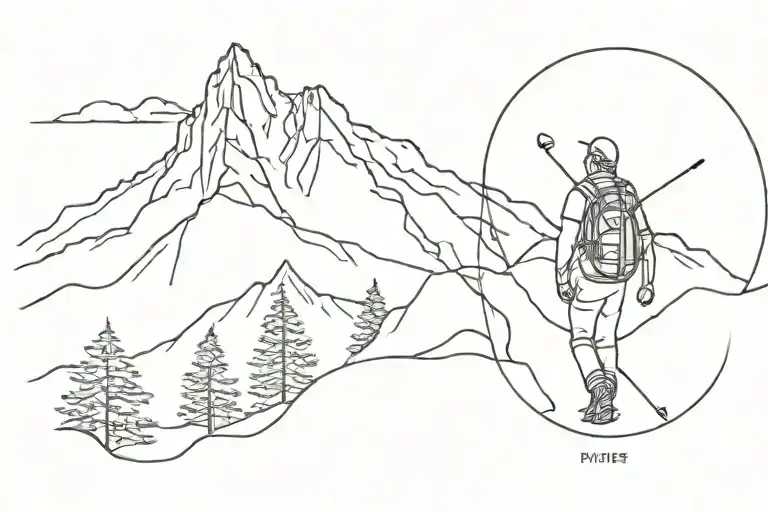 hiker in front of mountain range silhouette tattoo design idea