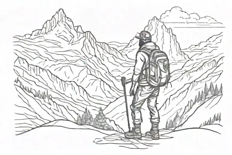 hiker in front of mountain range silhouette tattoo design idea