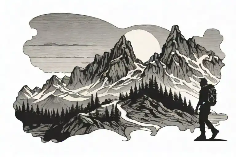 hiker in front of mountain range silhouette tattoo design idea